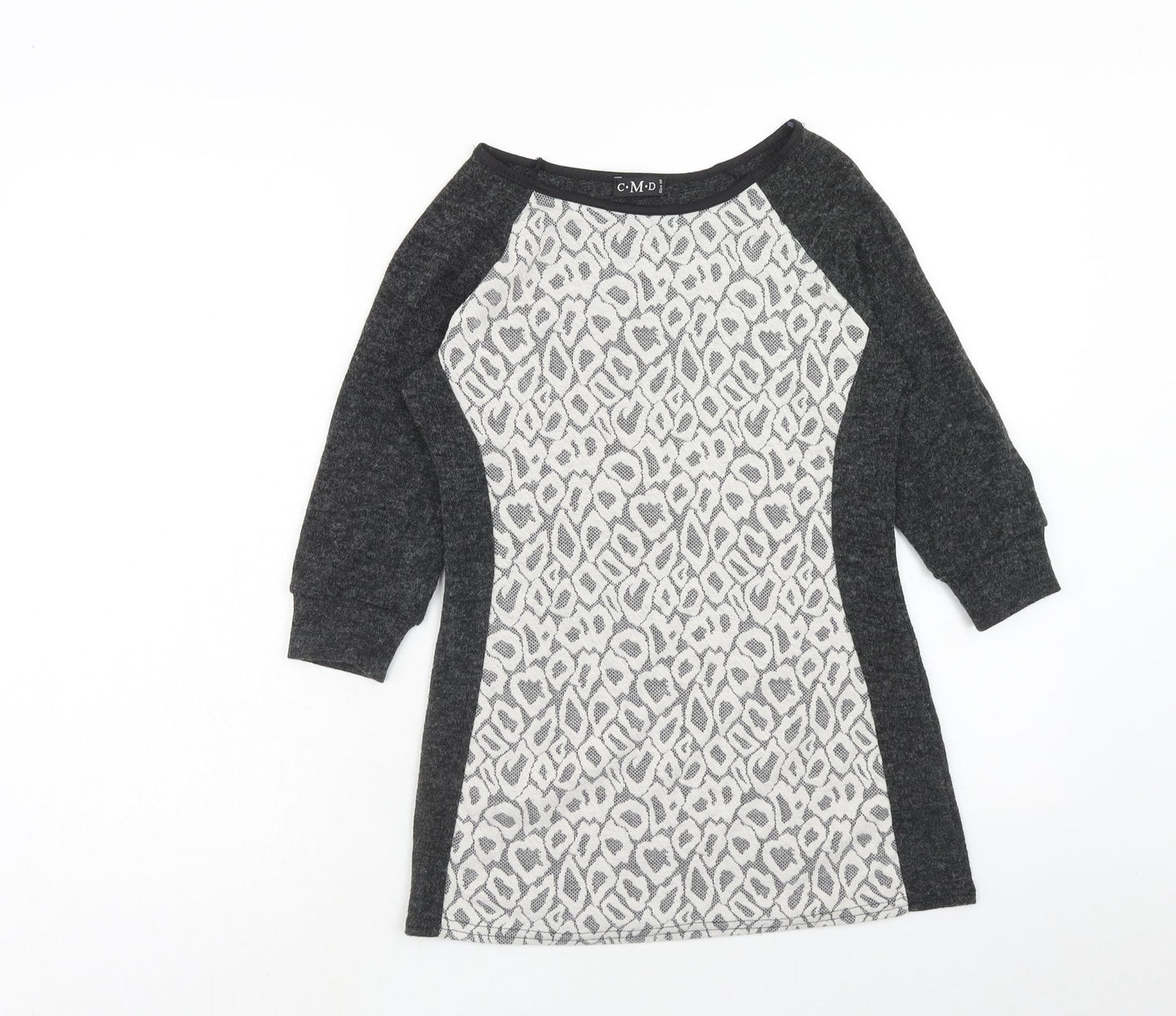 CMD Womens Grey Geometric Polyester Basic Blouse Size 10 Round Neck - Lace Detail