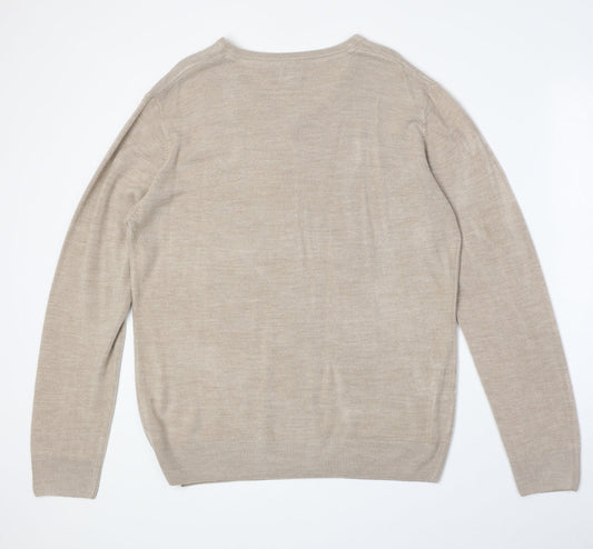 Matalan Mens Beige V-Neck Acrylic Pullover Jumper Size L Long Sleeve