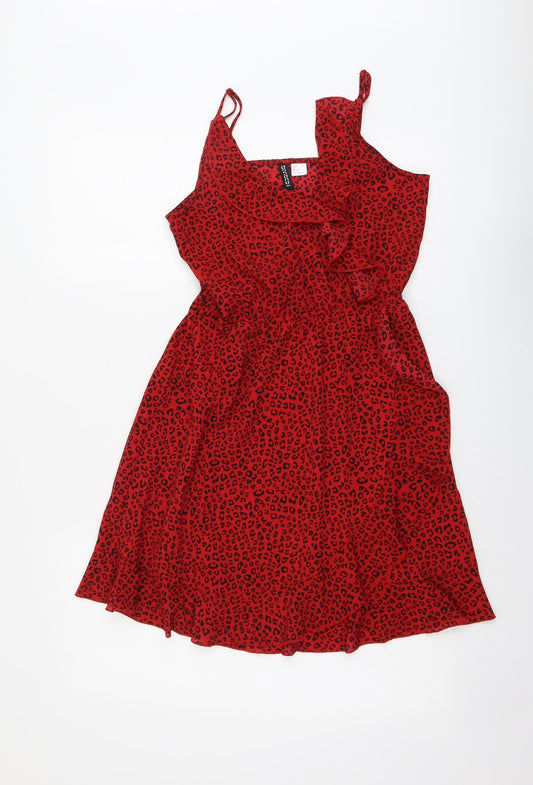 H&M Womens Red Animal Print Polyester A-Line Size 8 V-Neck Pullover - Leopard Print