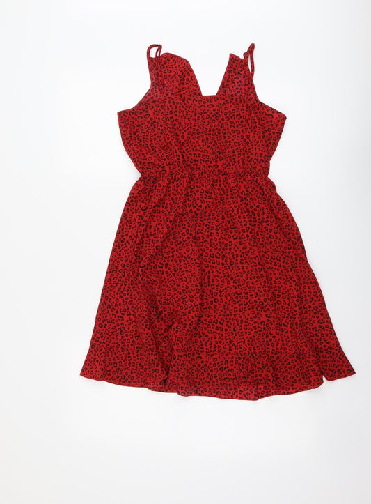 H&M Womens Red Animal Print Polyester A-Line Size 8 V-Neck Pullover - Leopard Print