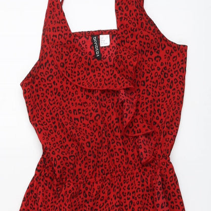 H&M Womens Red Animal Print Polyester A-Line Size 8 V-Neck Pullover - Leopard Print