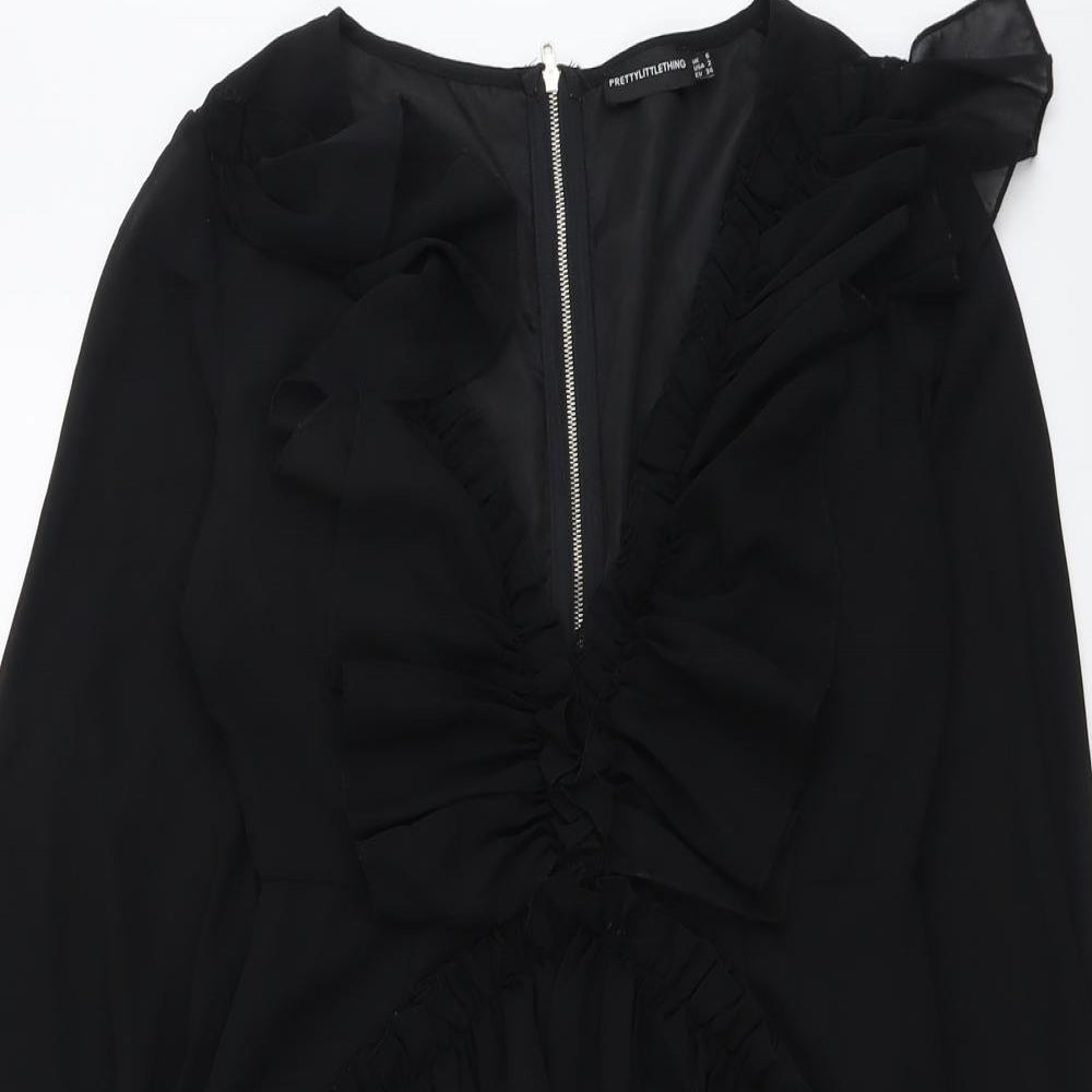PRETTYLITTLETHING Womens Black Polyester Bodycon Size 6 V-Neck Zip