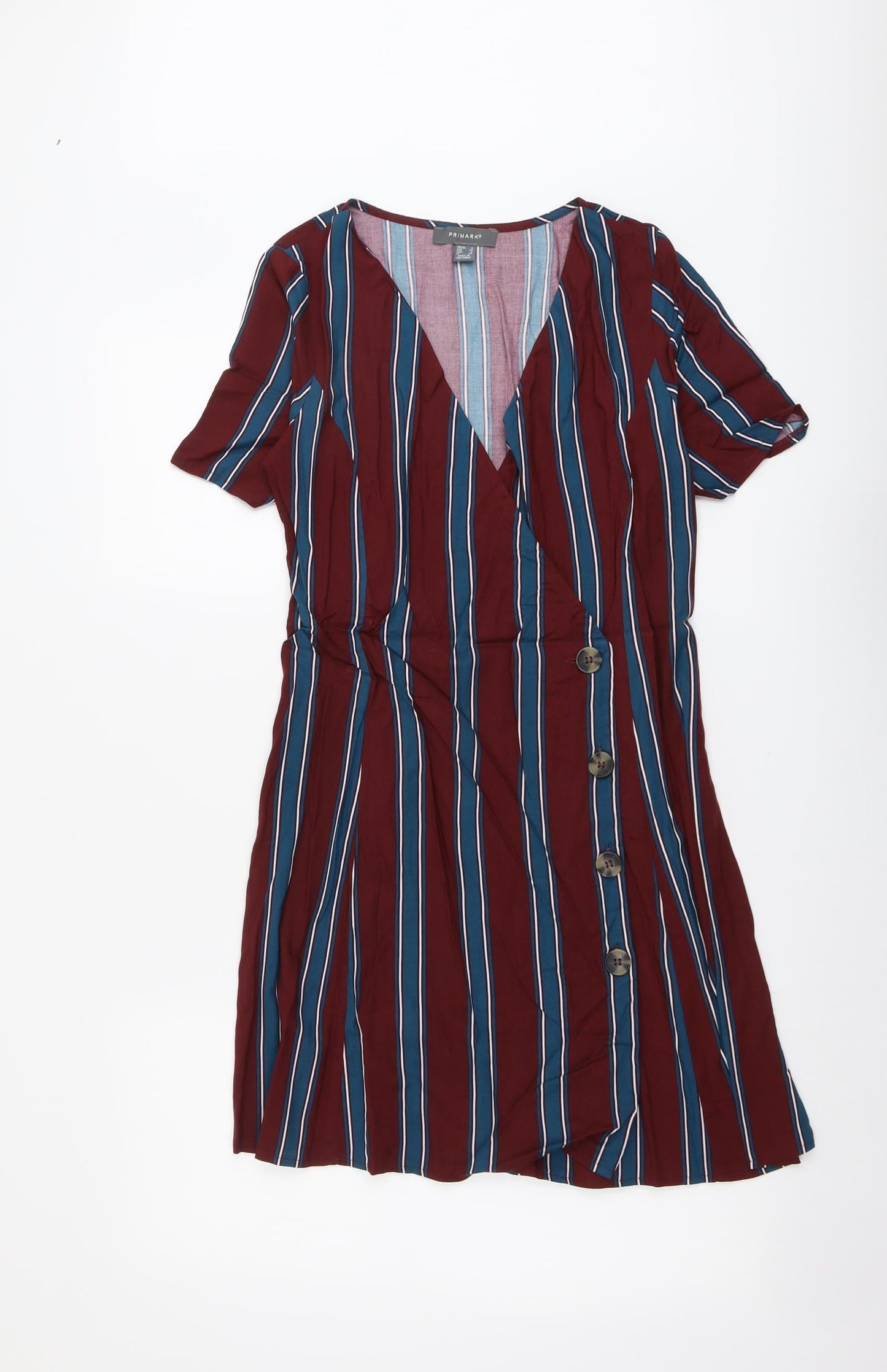 Primark Womens Red Striped Viscose A-Line Size 8 V-Neck Button