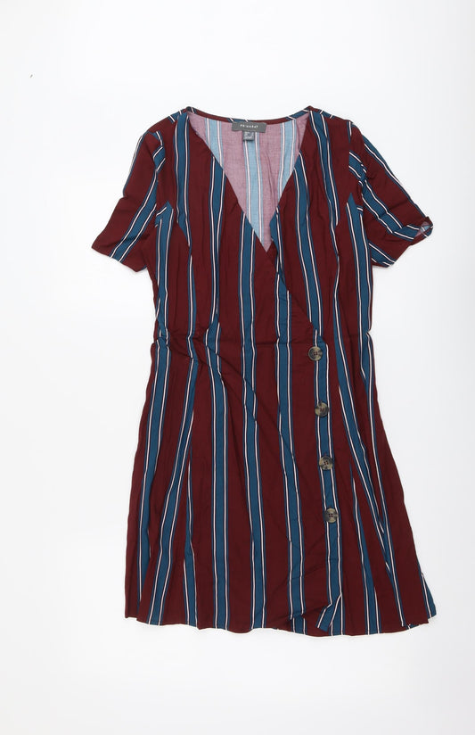 Primark Womens Red Striped Viscose A-Line Size 8 V-Neck Button