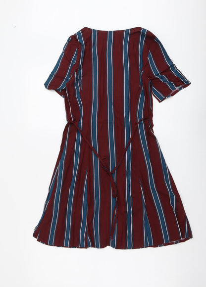 Primark Womens Red Striped Viscose A-Line Size 8 V-Neck Button