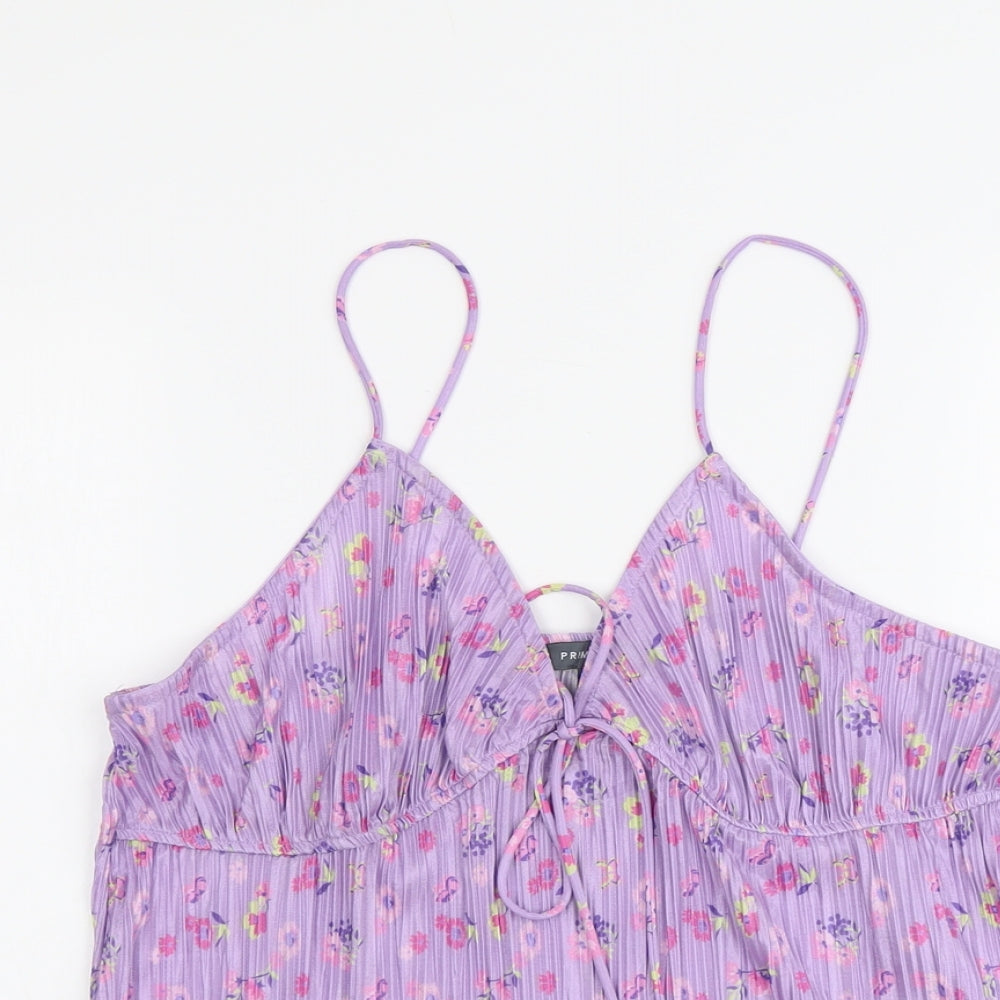 Primark Womens Purple Floral Polyester Basic Tank Size L V-Neck