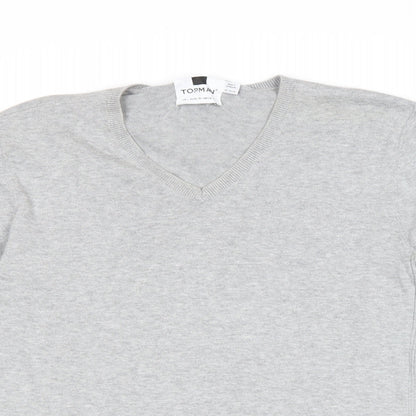 Topman Mens Grey V-Neck Acrylic Pullover Jumper Size L Long Sleeve