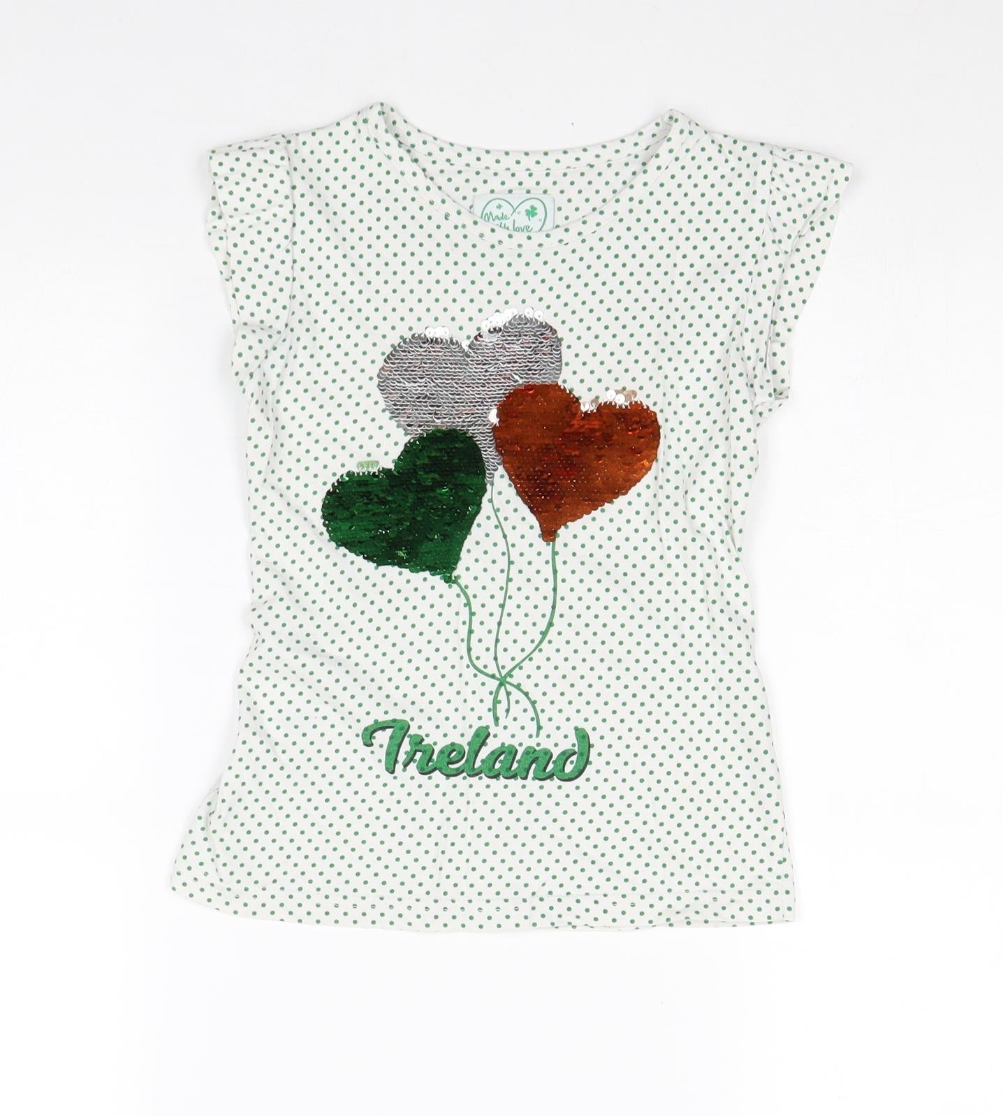 Preworn Girls White Geometric 100% Cotton Basic T-Shirt Size 5-6 Years Round Neck Pullover - Ireland Heart