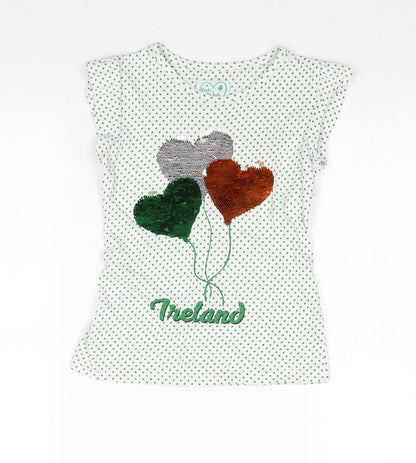 Preworn Girls White Geometric 100% Cotton Basic T-Shirt Size 5-6 Years Round Neck Pullover - Ireland Heart