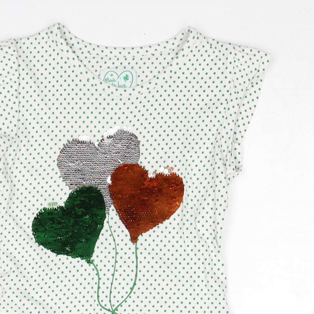Preworn Girls White Geometric 100% Cotton Basic T-Shirt Size 5-6 Years Round Neck Pullover - Ireland Heart