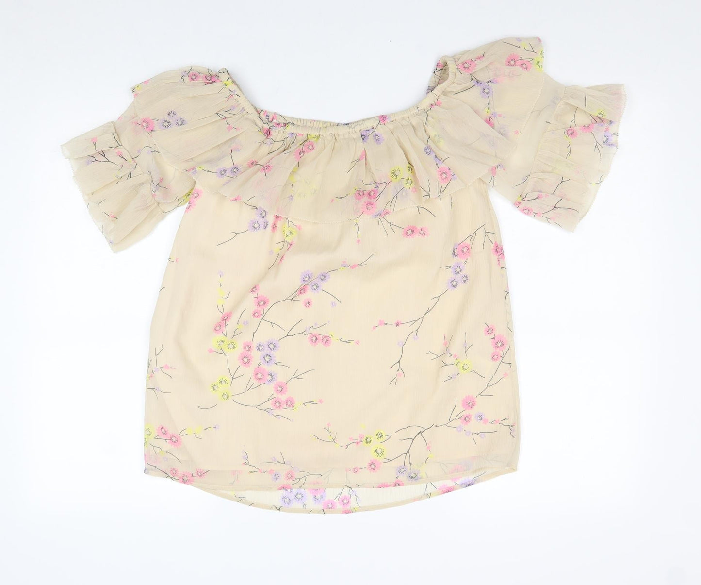 River Island Womens Beige Floral Polyester Basic Blouse Size 8 Boat Neck