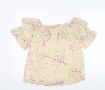 River Island Womens Beige Floral Polyester Basic Blouse Size 8 Boat Neck