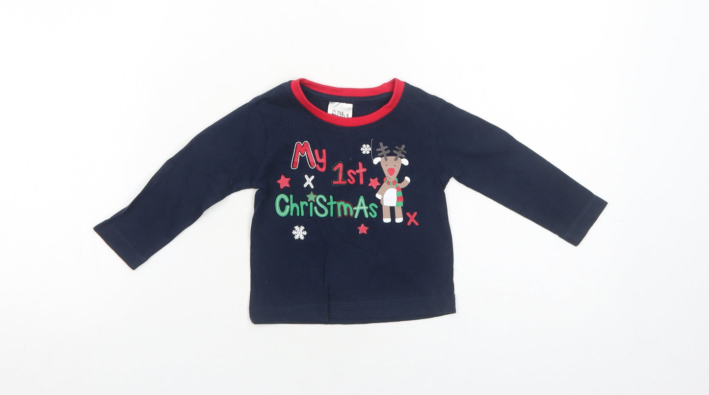 Peacocks Boys Blue Cotton Basic T-Shirt Size 6-9 Months Round Neck Pullover - My 1st Christmas