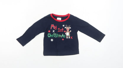 Peacocks Boys Blue Cotton Basic T-Shirt Size 6-9 Months Round Neck Pullover - My 1st Christmas
