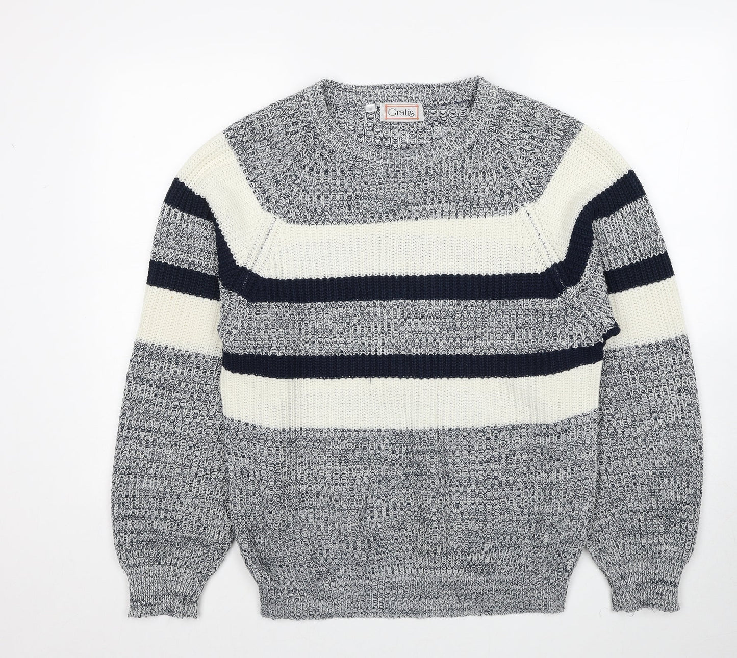 Gratis Mens Grey Round Neck Striped Acrylic Pullover Jumper Size S Long Sleeve