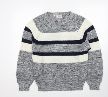 Gratis Mens Grey Round Neck Striped Acrylic Pullover Jumper Size S Long Sleeve