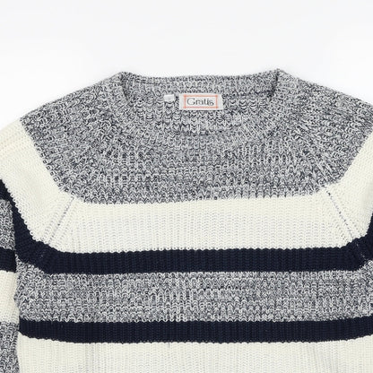 Gratis Mens Grey Round Neck Striped Acrylic Pullover Jumper Size S Long Sleeve