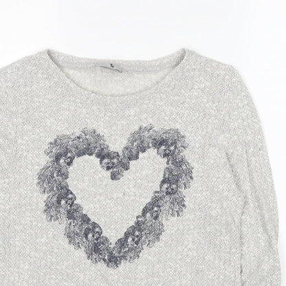 TU Womens Grey Boat Neck Cotton Pullover Jumper Size 10 - Heart