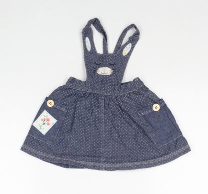 Nutmeg Girls Blue Polka Dot Cotton Pinafore/Dungaree Dress Size 3-6 Months Square Neck Button