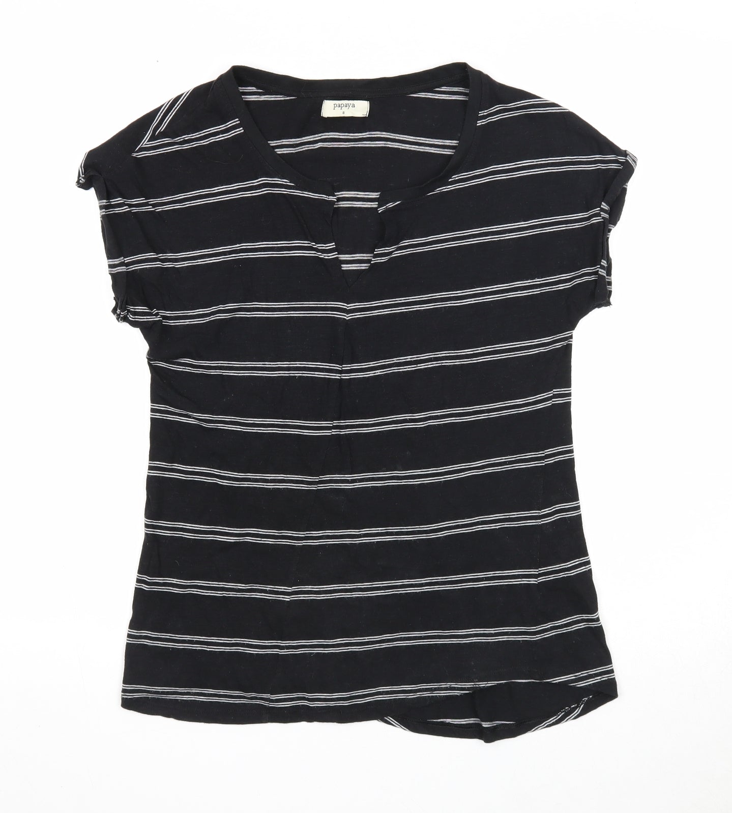 Papaya Womens Black Striped Cotton Basic Blouse Size 8 V-Neck