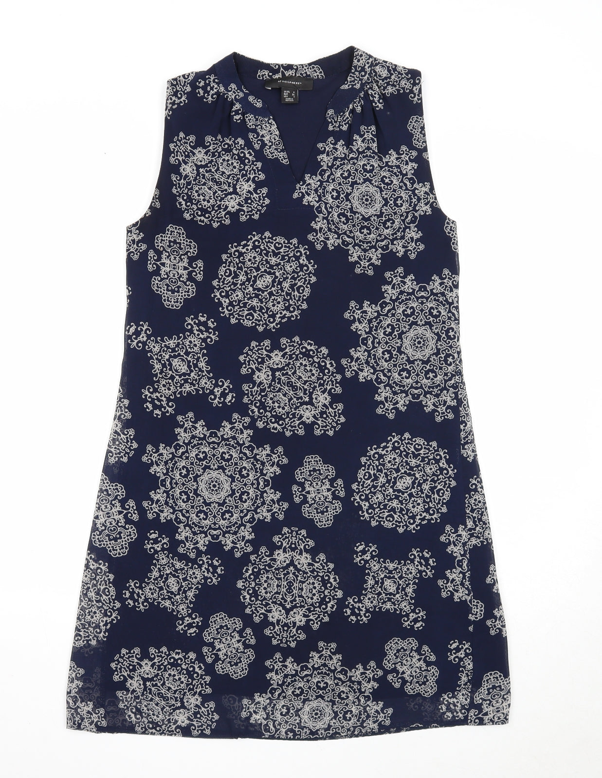 Atmosphere Womens Blue Geometric Polyester A-Line Size 6 V-Neck Pullover