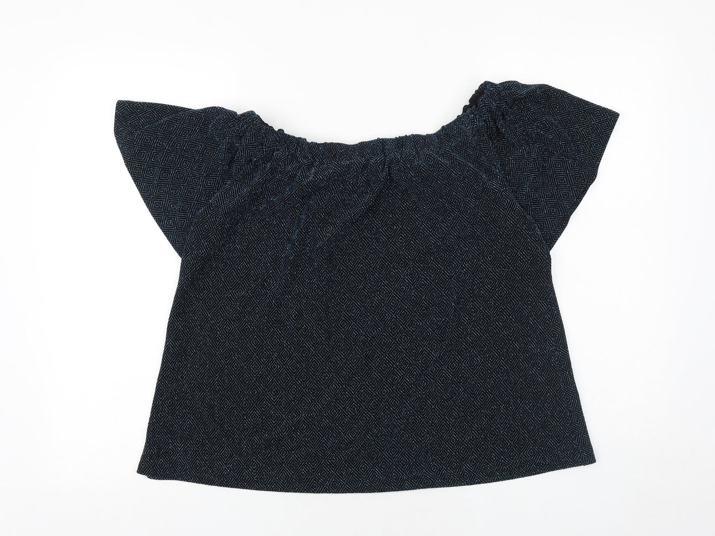 Papaya Womens Blue Geometric Polyamide Basic Blouse Size 10 Off the Shoulder