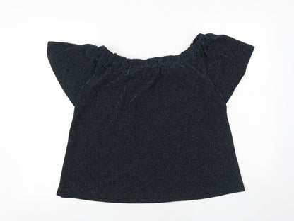 Papaya Womens Blue Geometric Polyamide Basic Blouse Size 10 Off the Shoulder