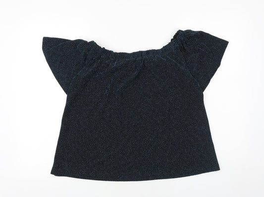 Papaya Womens Blue Geometric Polyamide Basic Blouse Size 10 Off the Shoulder