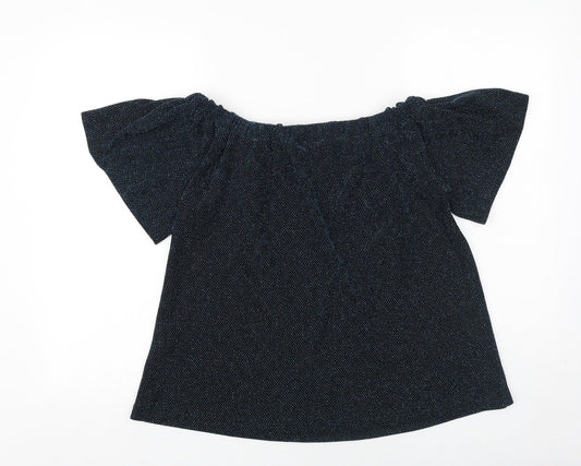 Papaya Womens Blue Geometric Polyamide Basic Blouse Size 10 Off the Shoulder