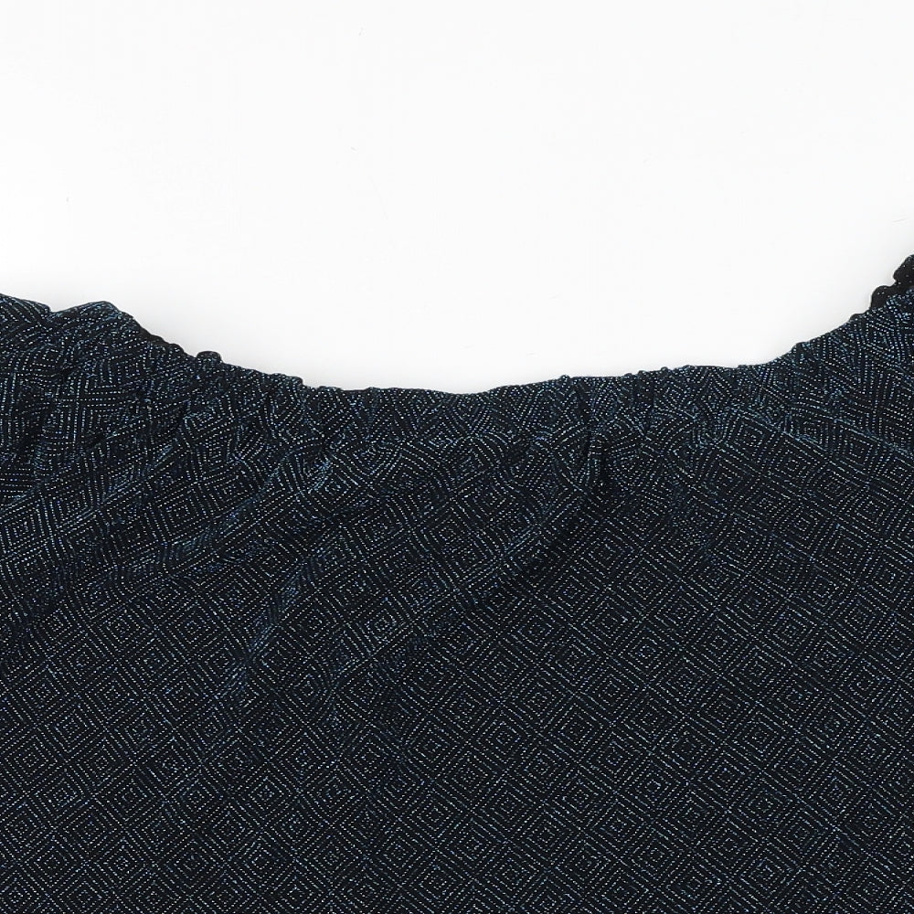 Papaya Womens Blue Geometric Polyamide Basic Blouse Size 10 Off the Shoulder