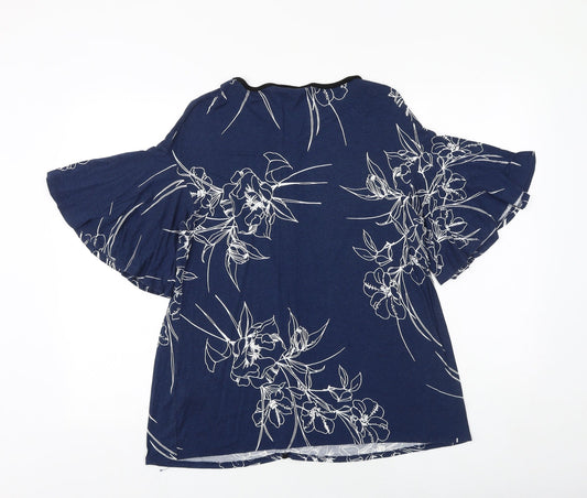 Evans Womens Blue Floral Viscose Basic Blouse Size 14 Boat Neck