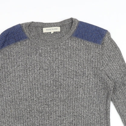 River Island Mens Grey Round Neck Cotton Pullover Jumper Size XL Long Sleeve