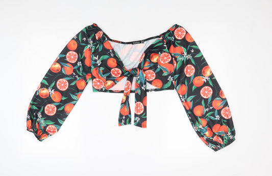 Boohoo Womens Black Geometric Polyester Cropped Blouse Size 8 V-Neck