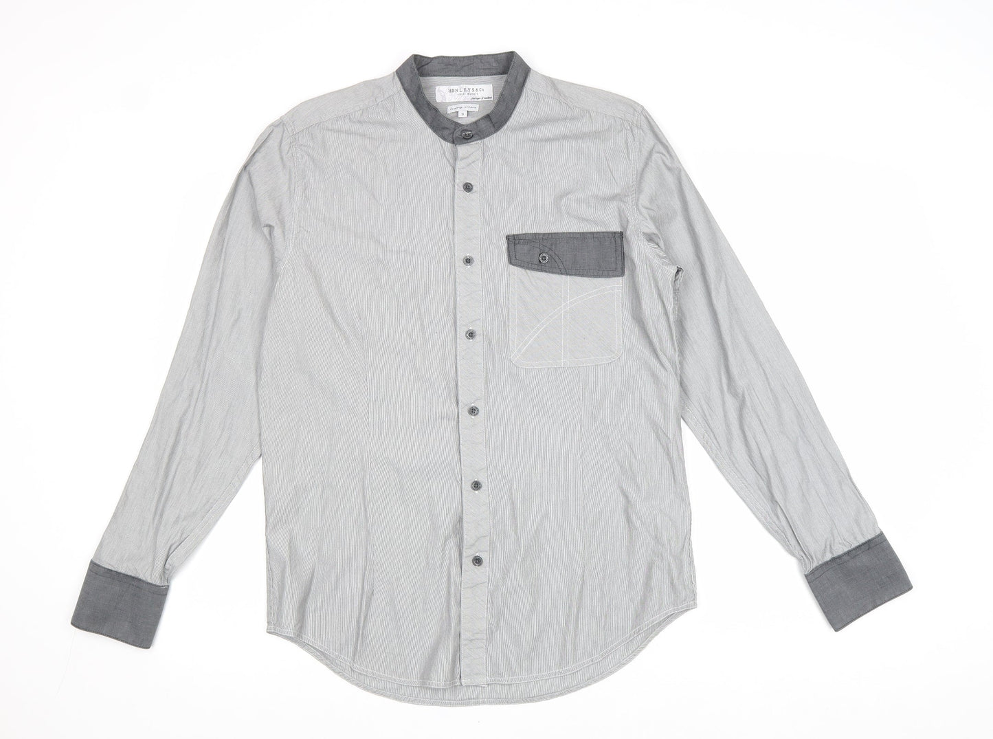 Mens UK Size M Henleys Grey  Button-Up Long Sleeve Casual Shirt