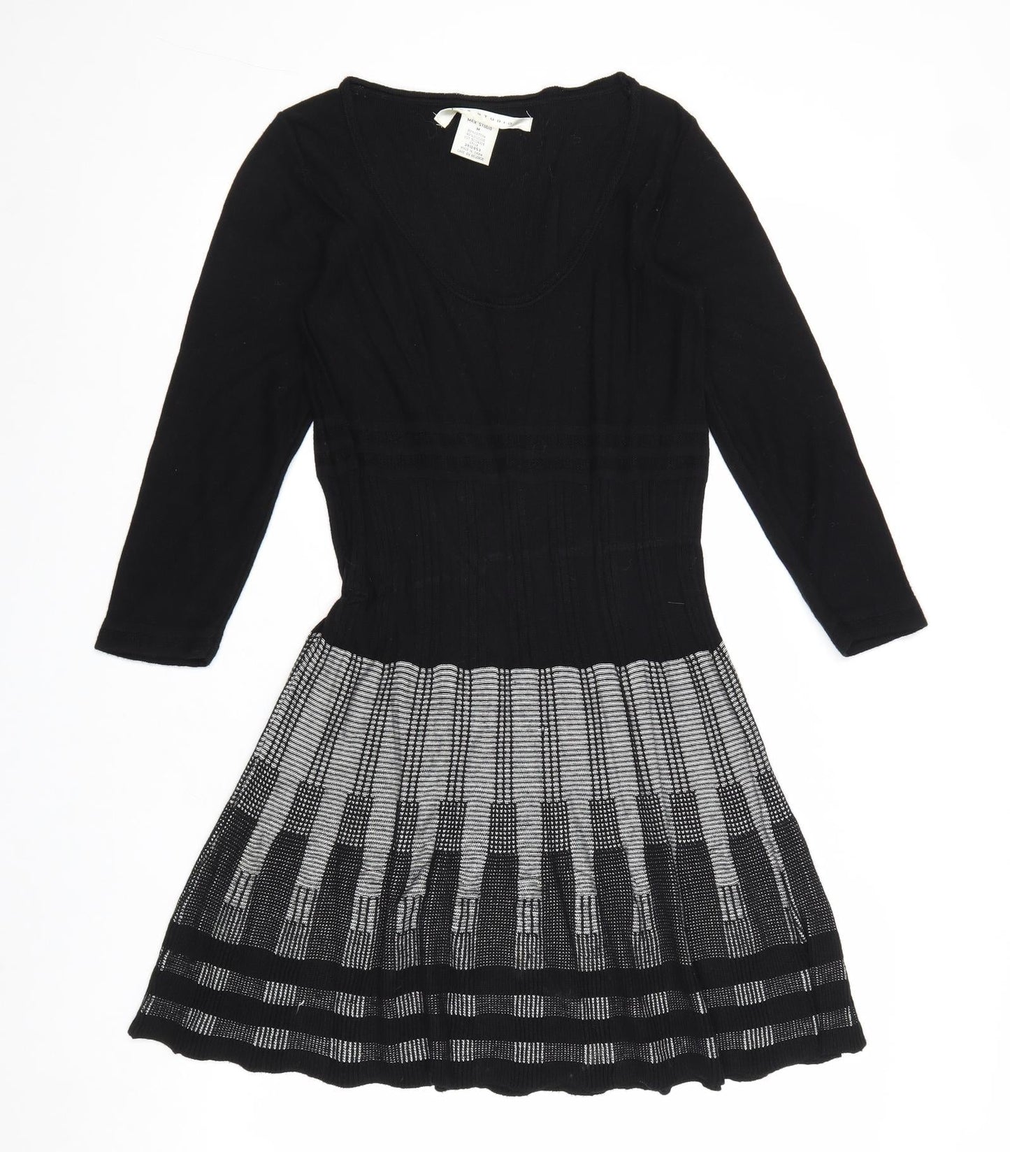 Max Studio Womens Black Geometric Cotton Skater Dress Size M Scoop Neck Pullover