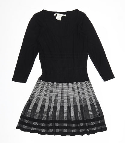 Max Studio Womens Black Geometric Cotton Skater Dress Size M Scoop Neck Pullover