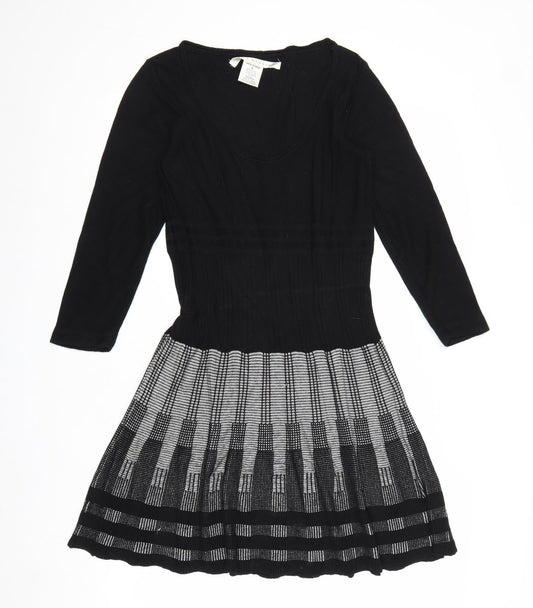 Max Studio Womens Black Geometric Cotton Skater Dress Size M Scoop Neck Pullover