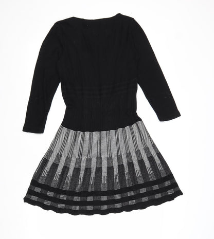 Max Studio Womens Black Geometric Cotton Skater Dress Size M Scoop Neck Pullover