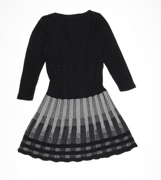 Max Studio Womens Black Geometric Cotton Skater Dress Size M Scoop Neck Pullover