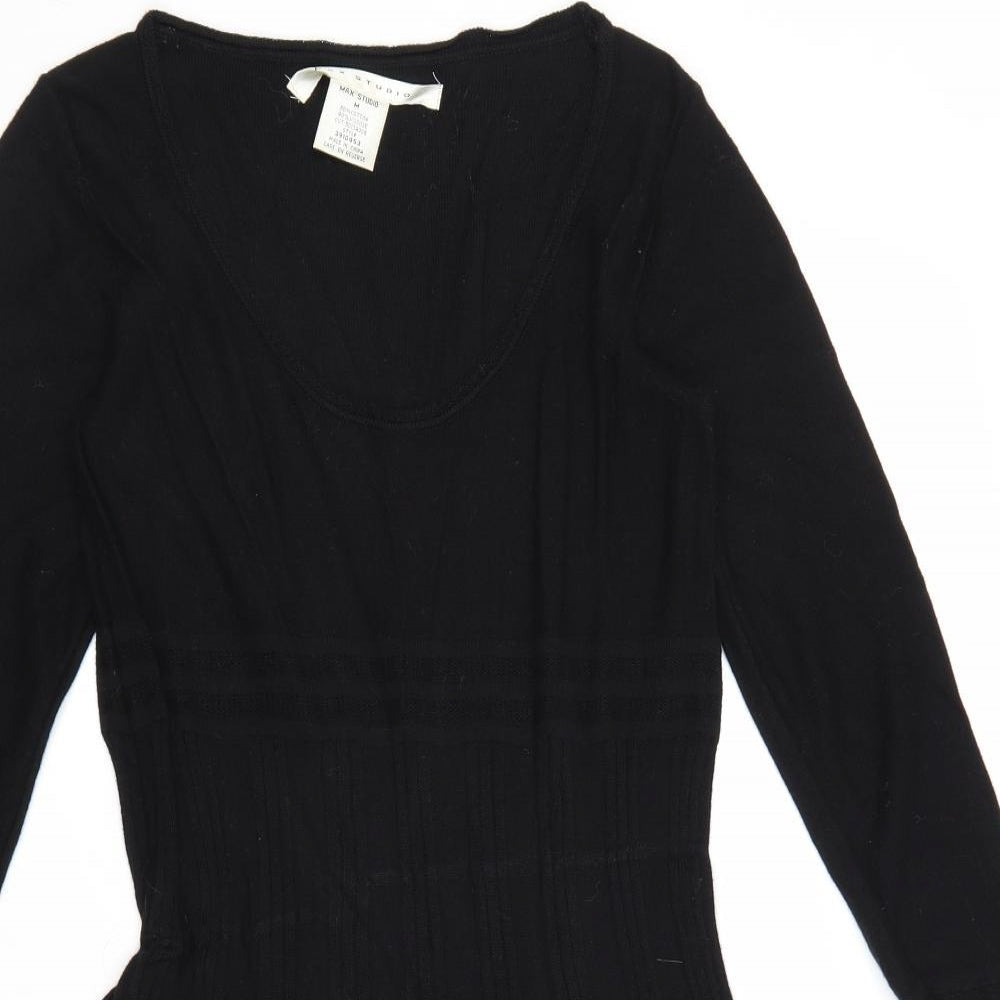 Max Studio Womens Black Geometric Cotton Skater Dress Size M Scoop Neck Pullover