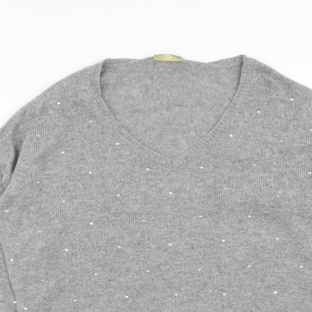 TU Womens Grey V-Neck Acrylic Pullover Jumper Size 12