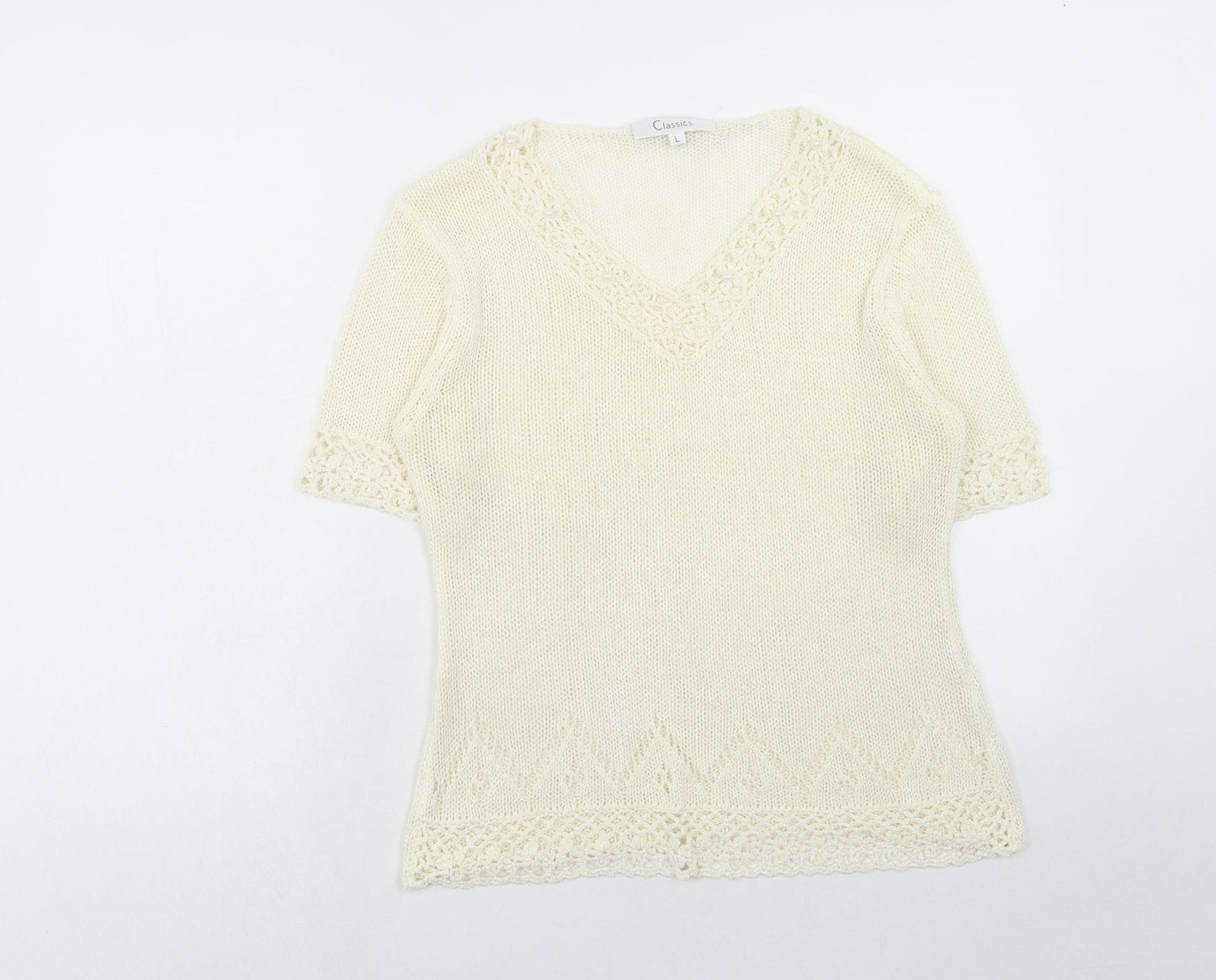Classics Womens Ivory V-Neck Acrylic Pullover Jumper Size L