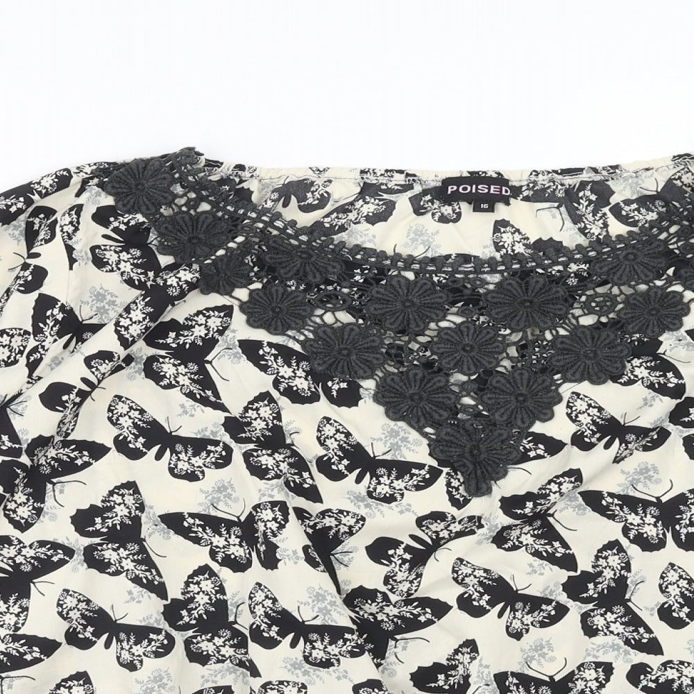 Poised Womens Beige Geometric Polyester Basic Blouse Size 16 Boat Neck - Butterfly Pattern Crocheted Lace Detail
