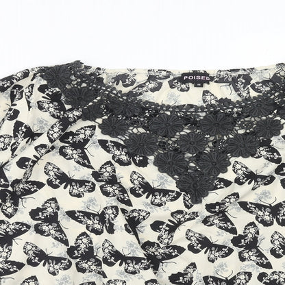 Poised Womens Beige Geometric Polyester Basic Blouse Size 16 Boat Neck - Butterfly Pattern Crocheted Lace Detail