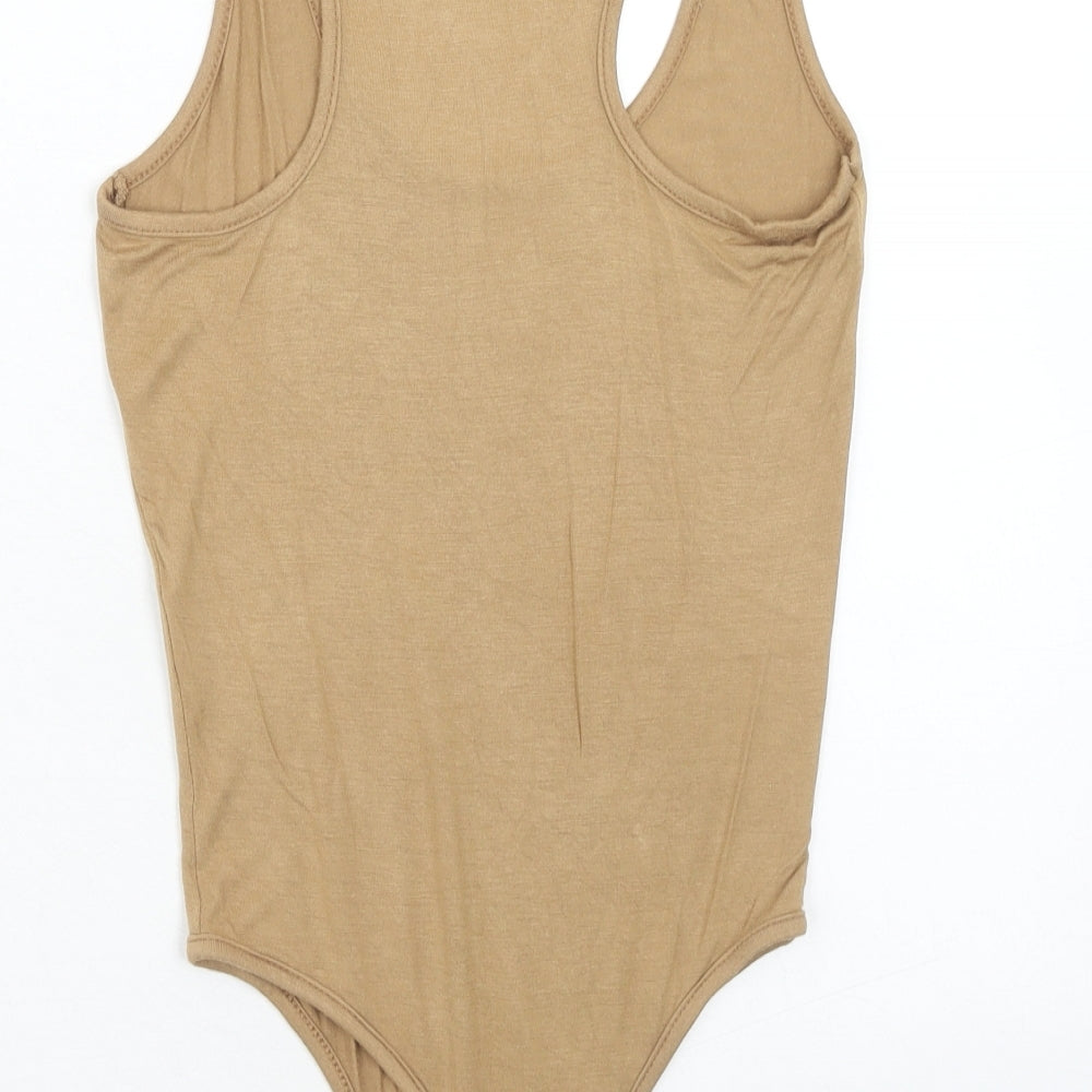 PRETTYLITTLETHING Womens Beige Viscose Bodysuit One-Piece Size 6 Snap