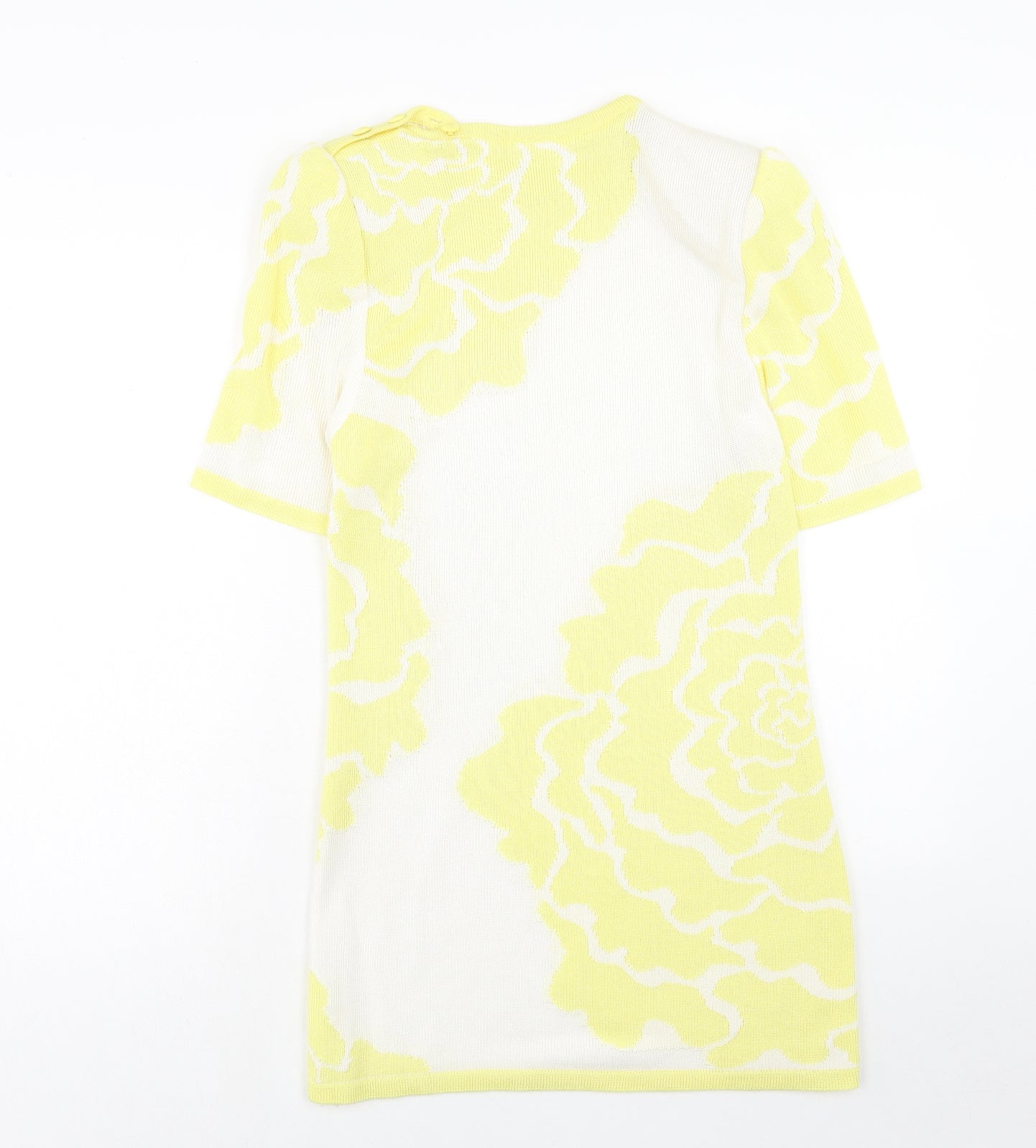 Media Womens Yellow Geometric Acrylic T-Shirt Dress Size 10 Roll Neck Button