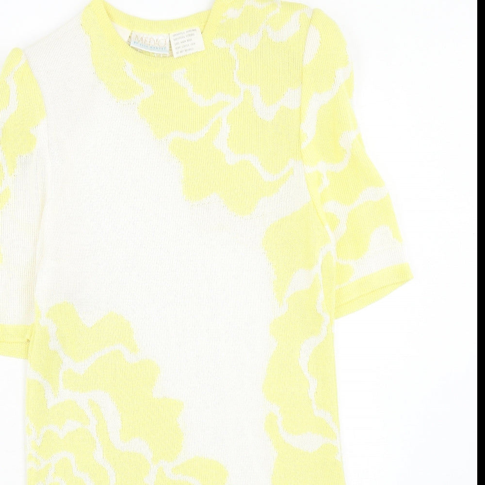 Media Womens Yellow Geometric Acrylic T-Shirt Dress Size 10 Roll Neck Button