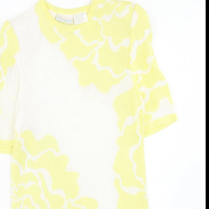 Media Womens Yellow Geometric Acrylic T-Shirt Dress Size 10 Roll Neck Button