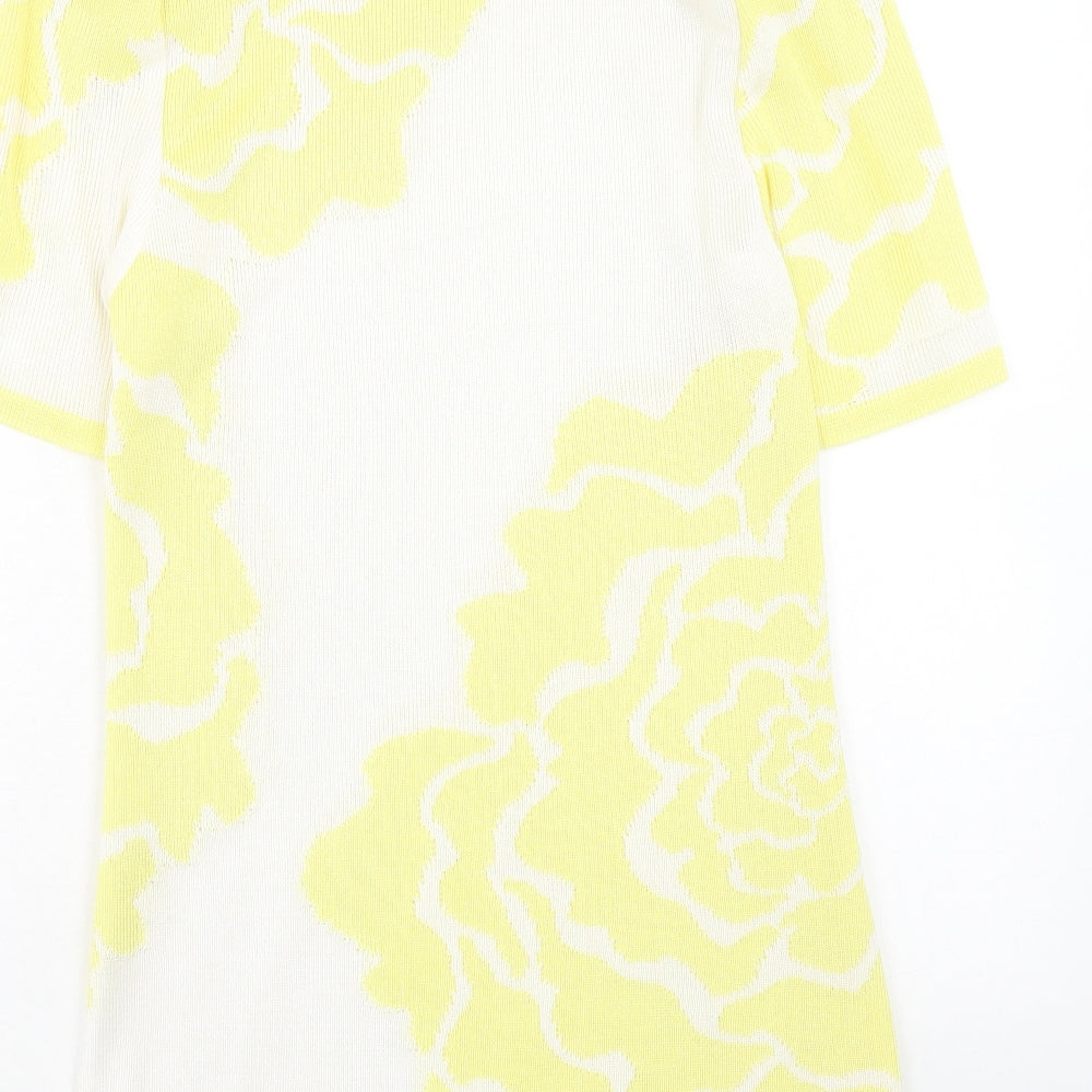 Media Womens Yellow Geometric Acrylic T-Shirt Dress Size 10 Roll Neck Button