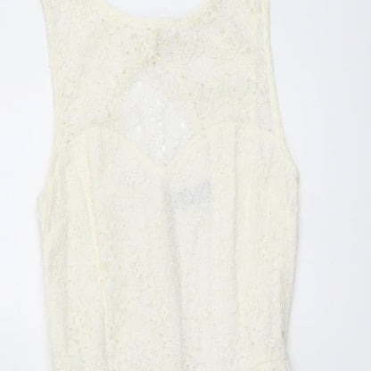 Jane Norman Womens Ivory Floral Cotton A-Line Size 6 Round Neck Button